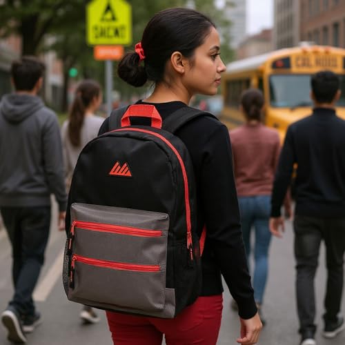 Summit Ridge Colorful Big Backpack for School Kids, Multi Pocket Backpack for Elementary, Middle School Girls, Boys with Padded Straps (Black/Red) - color: Black/Red