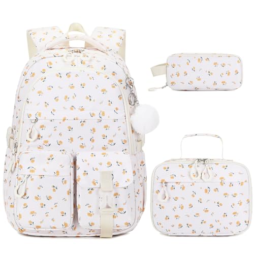 DIGOBAY 3PCS Girls Backpack for School, Kids Backpack for Girls with Lunch Bag Pencil Case, Kids Bookbag Teen Girl Backpacks for Elementary Middle High College School (Beige Floral Print) - color: Beige Floral Print