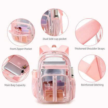 Cusangel XL TPU Clear Backpack Heavy Duty for Stadiums, 18in School Bookbag Teens 15+ boys Girls and Adults Multi-Pocket Design & Reinforced Stitching (Pink-18inch) - color: Pink-18inch