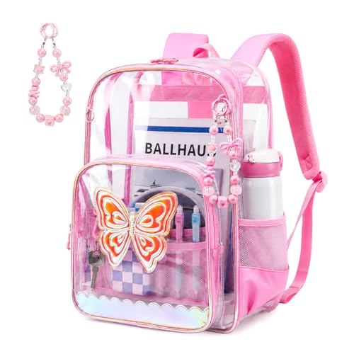 MUSEVOS Clear Backpack for School, Clear Bookbag for Girls PVC Heavy Duty Transparent Backpack,Pink Butterfly - color: Pink