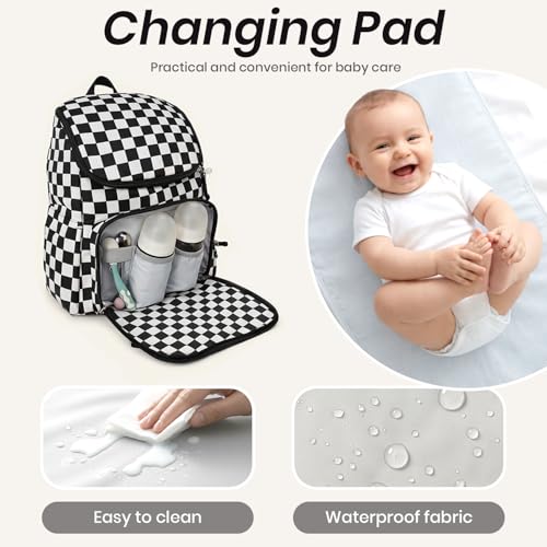 FHELAD Checkered Diaper Bag Backpack with Changing Pad & Stroller Clips, Large Travel Baby Diaper Bag for Newborn Moms, Baby Shower Gifts (Obsidian Black) - color: Obsidian Black