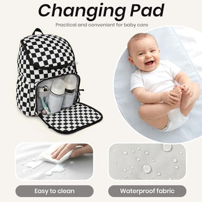 FHELAD Checkered Diaper Bag Backpack with Changing Pad & Stroller Clips, Large Travel Baby Diaper Bag for Newborn Moms, Baby Shower Gifts (Obsidian Black) - color: Obsidian Black