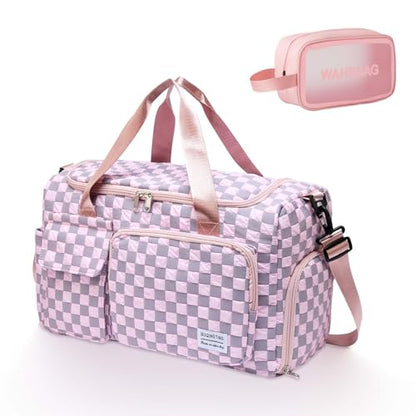 Small Gym Bag for Women, Travel Duffle Bag Carry On Weekender Bag with Shoe Compartment - color: 39#pink Checkered, style: Gym Bag&toiletry Bag