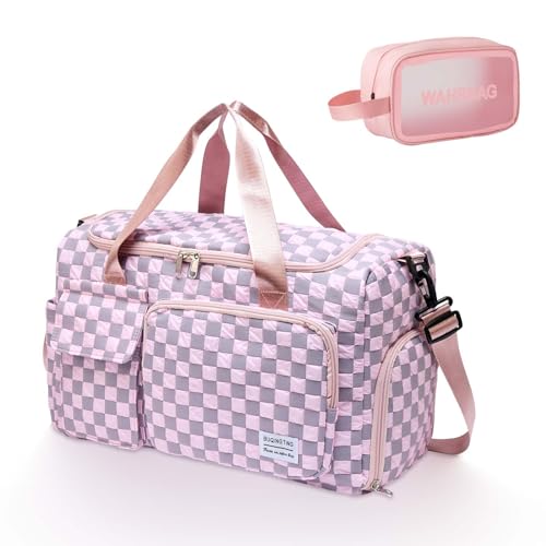 Small Gym Bag for Women, Travel Duffle Bag Carry On Weekender Bag with Shoe Compartment - color: 39#pink Checkered, style: Gym Bag&toiletry Bag