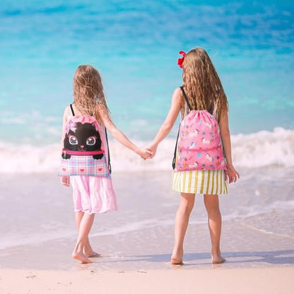 WAWASAM Kids Drawstring Backpack, Gym Swim Bag Cinch Bag for Girls Boys with Zipper Pocket - color: Cat