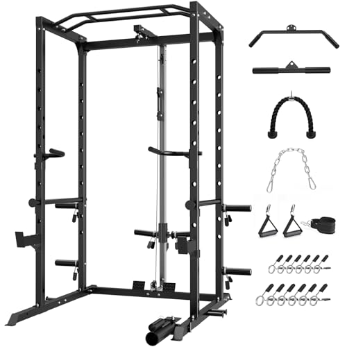 ULTRA FUEGO Power Cage, Multi-Functional Power Rack with J-Hooks, Dip Handles, Landmine Attachment and Optional Cable Pulley System for Home Gym - size: Power Cage Black With Pulley System