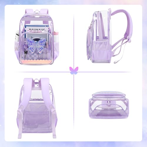 MUSEVOS Clear Backpack for School, Clear Bookbag for Girls PVC Heavy Duty Transparent Backpack, Purple Butterfly - color: Purple