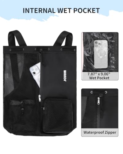 WANDF Mesh Swim Bag, Drawstring Beach Backpack - color: Black, size: Large