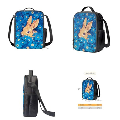 Cute Rabbit Backpack for Girls Blue Hippie Flowers School Backpack with Lunch Bag Pencil Case and Water Bottle Holder Kids Daypack Novelty School Bags for Elementary Middle School - color: Cute Rabbit Blue Hippie Flowers