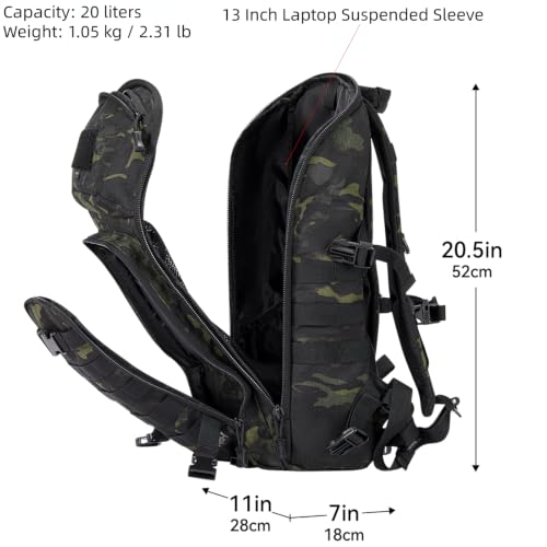AMHEH 20L Slim Tactical Backpack, Suspended 13 Inch Laptop Sleeve, Camo - color: Black Camo