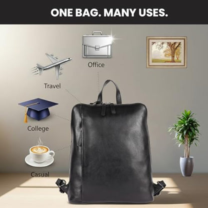 12.5 Inch Genuine Leather Backpack for Women and Men, Black Leather Backpack with Adjustable Shoulder Strap - color: Black