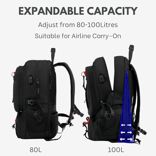 Large Laptop Backpack with Shoe Compartment, Waterproof Rucksack 15.6/17 Inch, Travel School Gym Work College Bags for Men (Black, JUMBO(80L)) - size: JUMBO(80L)