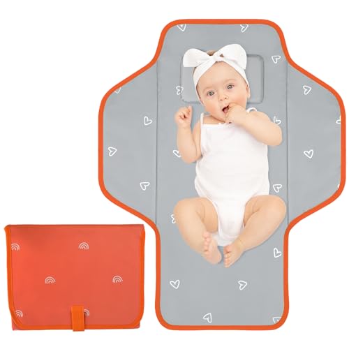 Baby Portable Changing Pad Travel - Waterproof Compact Diaper Changing Mat with Built-in Pillow - Lightweight & Foldable Baby Diaper Changer, Newborn Shower Gifts - color: Orange-Rainbow