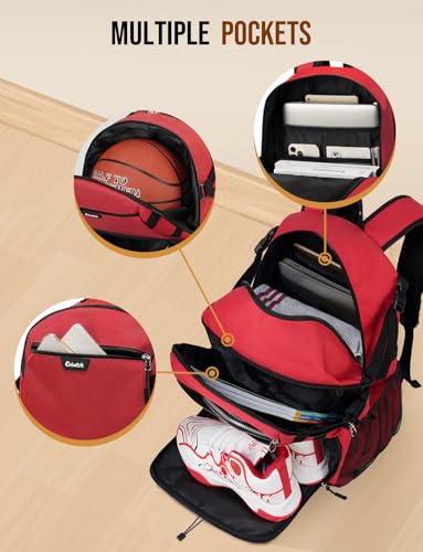 Basketball Backpack with Shoe Compartment Large Basketball Bag with Ball Holder for Men Women Gym Backpack fit Volleyball Football for Sports Travel Gym - Red - color: Red