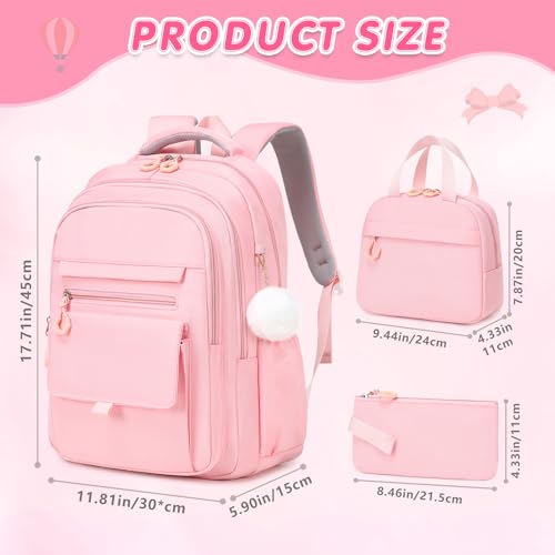 GeeWin Backpacks for Girls, Girls Backpack with Lunch Box & Pencil Case Set, 17 Inch Waterproof Girl Bookbag with Lots of Pockets for Kids, Teens, Elementary Middle High College School Student (Pink) - color: Pink