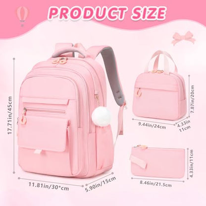 GeeWin Backpacks for Girls, Girls Backpack with Lunch Box & Pencil Case Set, 17 Inch Waterproof Girl Bookbag with Lots of Pockets for Kids, Teens, Elementary Middle High College School Student (Pink) - color: Pink