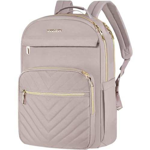VANKEAN 17.3 Inch Laptop Backpack for Women Work Laptop Bag Fashion, Waterproof Backpacks Stylish Travel Bags Casual Daypacks for College, Business, Light Dusty Pink - color: Quilted Light Dusty Pink/Grey Purple, size: 17.3 Inch