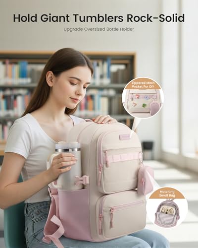 LOVEVOOK Laptop Backpack, 17" Carry On Airline Approved, Personal Item Bag Meets FAA Size, Trolley Sleeve Slides Over Suitcase, Waterproof Daypack for Travel College with Mini Pouch - color: Beige - Light Pink, size: 17 Inch