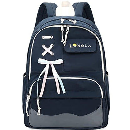 Lanola Teen Girl School Backpack Casual Daypack Bookbag Elementary College Travel Backpack with Cute Ribbon for Girls - color: Dark Blue