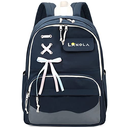 Lanola Teen Girl School Backpack Casual Daypack Bookbag Elementary College Travel Backpack with Cute Ribbon for Girls - color: Dark Blue
