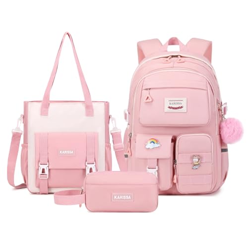 MUSEVOS Kawaii Girls Backpack for School with Convertible Shoulder Tote Bag，Cute Teenage Multiple Pockets Backpack for Primary Elementary High School, Pink 3 Pcs Set - color: 3pcs Set-pink