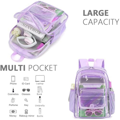 Clear Backpack for Girls Boys Women Men, Heavy Duty Transparent PVC Bookbag for School College Work See Through Backpack,Purple - color: Purple