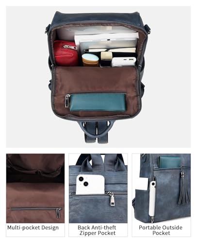 FADEON Leather Backpack Purse for Women Designer Travel Backpack Purses PU Fashion Ladies Shoulder Bag with Tassel - color: 1 Dark Blue Retro Style