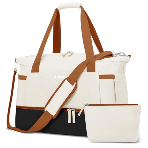 Gym Bag for Women, Personal Item Travel Bag with Shoes Compartment, Weekender Overnight Duffel Bag with Wet Pocket, Carry On Bag for Women, Travel, Gym, Weekend - color: White Black Brown, size: Medium