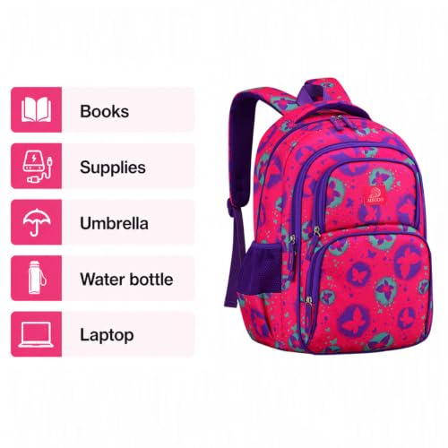 MYGOO Girls School Backpack Campus Butterfly Magenta Bookbag for Elementary Middle School Ages 5-12, 17 inch Large Capacity 24L Kids Student Travel Bags - color: Campus Butterfly Magenta