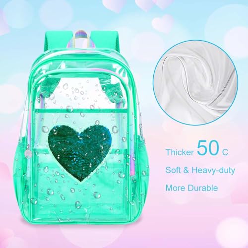 gxtvo 3PCS See Through Backpack Heavy-Duty Set for Women & Teen Girls, 17" Clear Bookbag with Rainbow Strap, Green Sequins Transparent School Bag - color: Green Sequins Clear Backpack Set