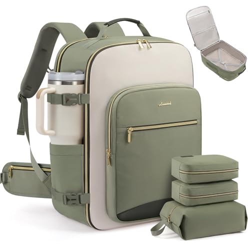 LOVEVOOK 56L Travel Backpack for Women & Men, Airline Approved Carry On Luggage with 3 Packing Cubes, TSA Overnight Bags, Waterproof Personal Item Bag, Weekender Essentials Backpacks fits 17" Laptop - color: Light Green-beige-olive Green, size: XX-Large