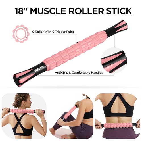 Muscle Roller & Massage Roller Stick for Athletes - Lymphatic Drainage Support, Relieves Muscle Soreness, Cramping & Tightness - Targets Legs, Arms, Back & Calves （Pink - 18inch） - color: Pink