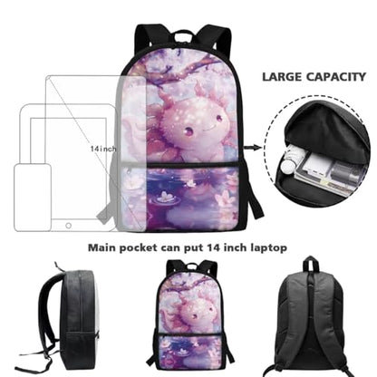 ZDCUSTOM Pink Axolotl Backpacks with Lunchbox for Girls Cute School Backpack Pink Bookbag with Pencil Case, Water Bottle Sleeves, Keychain, Back to School Supplies for Girls Age 6-8 - color: Pink Axolotl