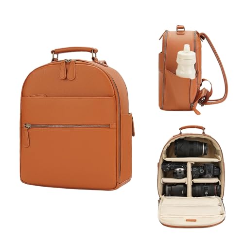 Small Camera Backpack, Classic PU Leather with 11 Inch Pad/Tablet Compartment, Professional Camera Bag for Photographers for DSLR, 10L Brown