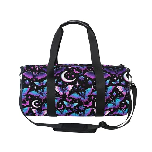 MNSRUU Sports Duffel Bags, Neon Purple and Bats Stars and Moons Athletic Gym Bag Overnight Workout Travel Tote Luggage for Men Women Yoga - color: Bats A8889