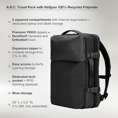 Incase A.R.C. Travel Backpack 38L – Expandable Carry On Luggage, Fits up to 17" Laptop – Butterfly Opening, Quick Access Pocket, Shoe Storage – Airplane Travel Essentials, Weekend Bag – Black - color: Black