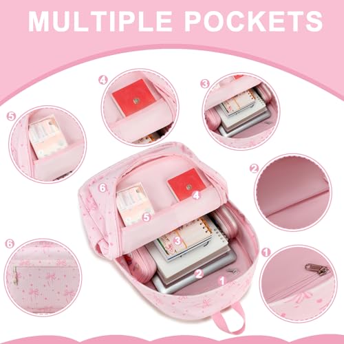 Bluboon School Backpack Set Girls Womens Laptop Bookbag Casual Daypack Fits 15 inch Laptop with Lunch Tote Bag and Pencil Bag - color: Pink Bow 219