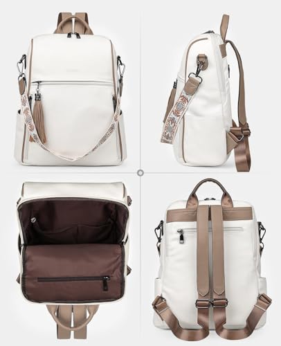FADEON Leather Backpack Purse for Women Designer Travel Backpack Purses PU Fashion Ladies Shoulder Bag with Tassel - color: 1 White Retro Style