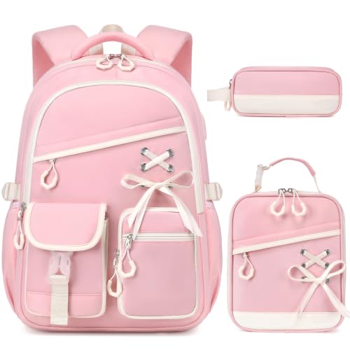 DIGOBAY Backpacks for Girls - 3PCS Girls Backpack with Lunch Box & Pencil Pouch School Backpacks for Elementary Middle High College School Bookbag for Teen Girl Kids Students Pink - color: Pinkbeige