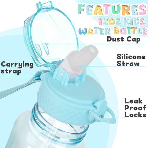 OLDLEY 12oz Kids Water Bottle, Tritan BPA-Free, Leakproof Flip Straw Lid, Motivational Time Marker, Carry Strap, Reusable Clear Water Bottle for Boys & Girls,Cerulean - color: Cerulean, style: 12 Ounces