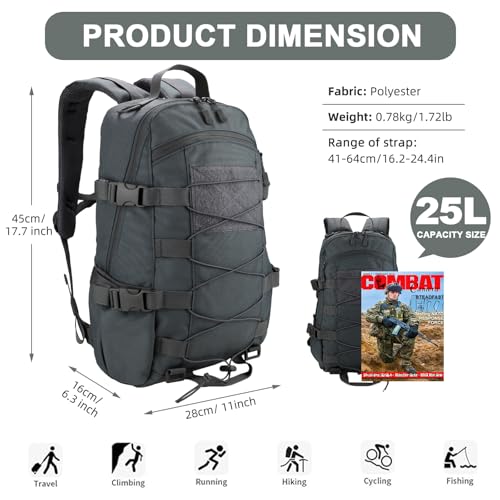 25L Hiking Backpack Small Tactical Backpack Daypack Camping Trekking Hunting Molle Pack for Men Women, Grey - color: Grey