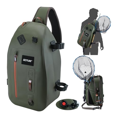 Goture Waterproof Fly Fishing Sling Pack, IPX8 840D TPU Fishing Sling Bag, 13L Tackle Backpack with Rod Holder,Airtight Zipper,Exhaust Valve,Adjustable Strap for Kayaking,Wadering,Hiking - color: A2:13L Green