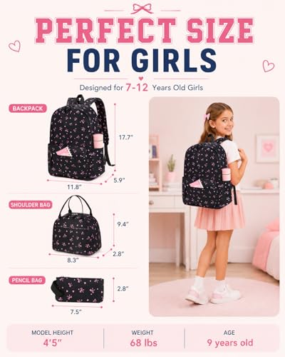 CAMTOP Girls Backpack with Lunch Box Set, Cute Bow School Backpack for Kids, 3-in-1 Lightweight Lunch Bag and Pencil Pouch - color: Black Pink Bow