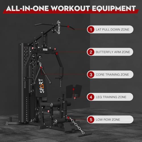SPART Home Gym Station,Multifunctional Home Gym Workout Equipment,with 160LBS Weight Stack for Leg Press & Chest Fly, All in One Exercise Equipment Full Body Strength Training with Pulley System - color: Black, style: Steel Cover