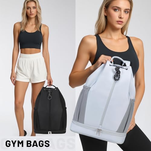 Gym Backpack with Drawstring Closure, Expandable Shoe Compartment, Water Resistant 15.6 Inch Laptop Backpack, Thick Padded Back & Shoulder Straps, Heavy Duty Durable Daypack for Sports, Work & Travel - color: Grey