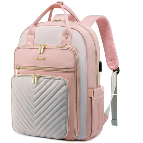 LOVEVOOK Laptop Backpack for Women, Water Resistant Travel Work Backpacks Purse Stylish Business Teacher Nurse Computer Bag with USB Charging Port, Fits 15.6" Laptop - color: Pink-green, size: 15.6 inch-Standard Laptop Compartment