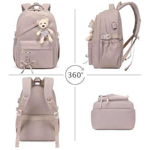 ACESAK School Backpack for Girls - 3 PCS Cute Girls Backpack with Lunch Box & Pencil Case - Kawaii Casual Kids Bookbag School Bag Daypacks Set for Elementary Middle High School Student Teens (Khaki) - color: Khaki