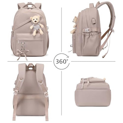 ACESAK School Backpack for Girls - 3 PCS Cute Girls Backpack with Lunch Box & Pencil Case - Kawaii Casual Kids Bookbag School Bag Daypacks Set for Elementary Middle High School Student Teens (Khaki) - color: Khaki