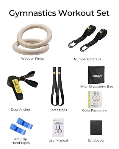 PACEARTH Gymnastics Rings 32mm Wooden Olympic Rings Support 1500lbs Locked Carabiners 9ft Double-Layer Numbered Straps Non-Slip Gym Rings with Foot Straps Door Anchor for Home Gym Full Body Workout - style: 01-1.25" Buckle Rings & Straps & Door Anchor & F