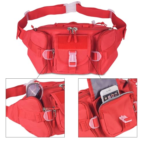 ArcEnCiel Tactical Fanny Pack for Men Women Waist Bag Hip Belt Outdoor Hiking Fishing Bumbag with Patch（Red） - color: Red